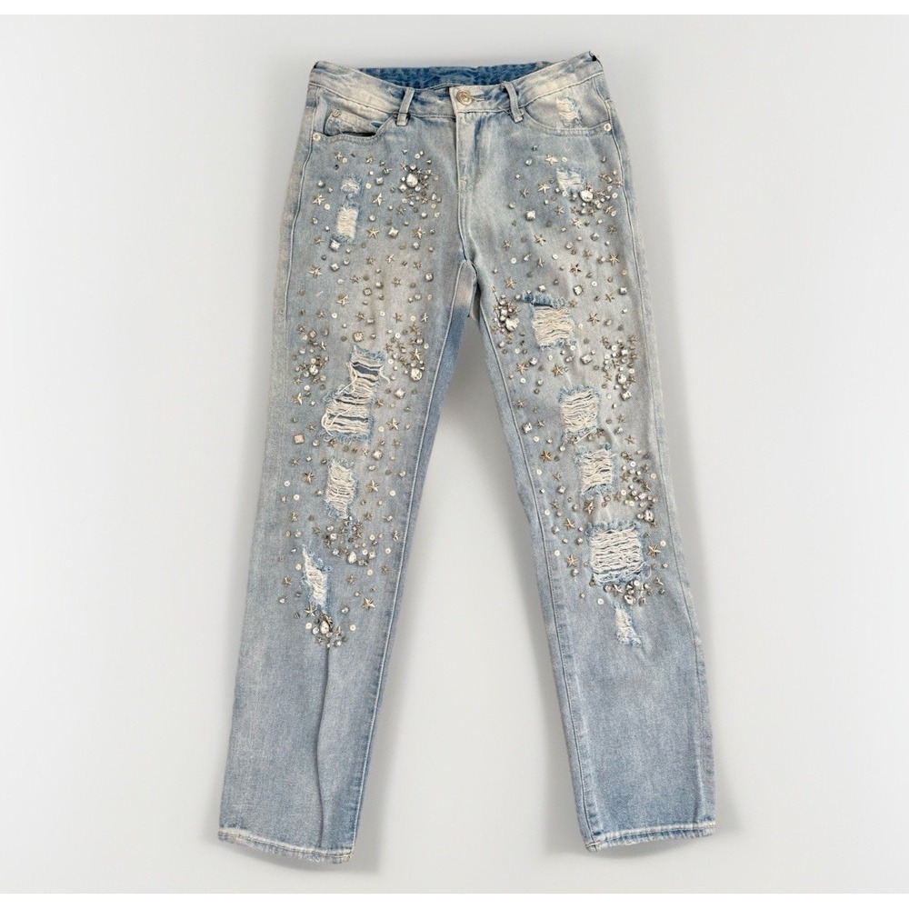 True Religion Light Wash Embellished Boyfriend Jeans